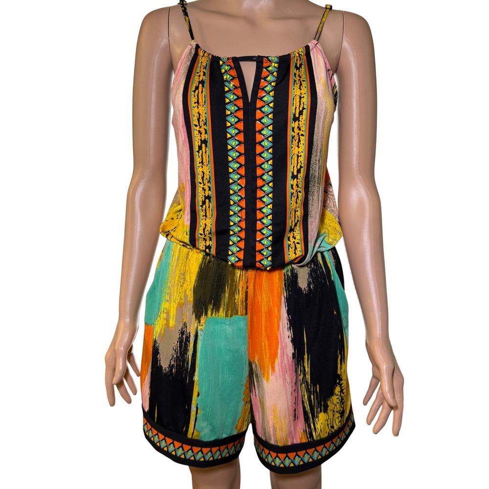 ECI New York Womens Abstract Print Beaded Romper Yellow Orange Teal Size M